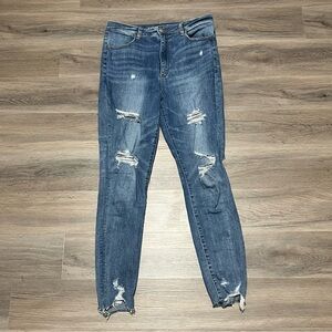 American Eagle 12 Blue Jeans Highest Rise Jegging Super Stretch X Distressed Raw